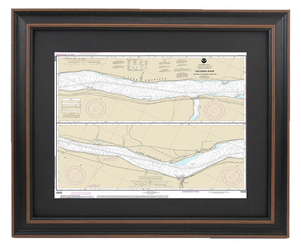 Framed Nautical Chart 18536 - Columbia River. Sundale to Heppner Junction. NOAA 18536. Handmade in the USA.