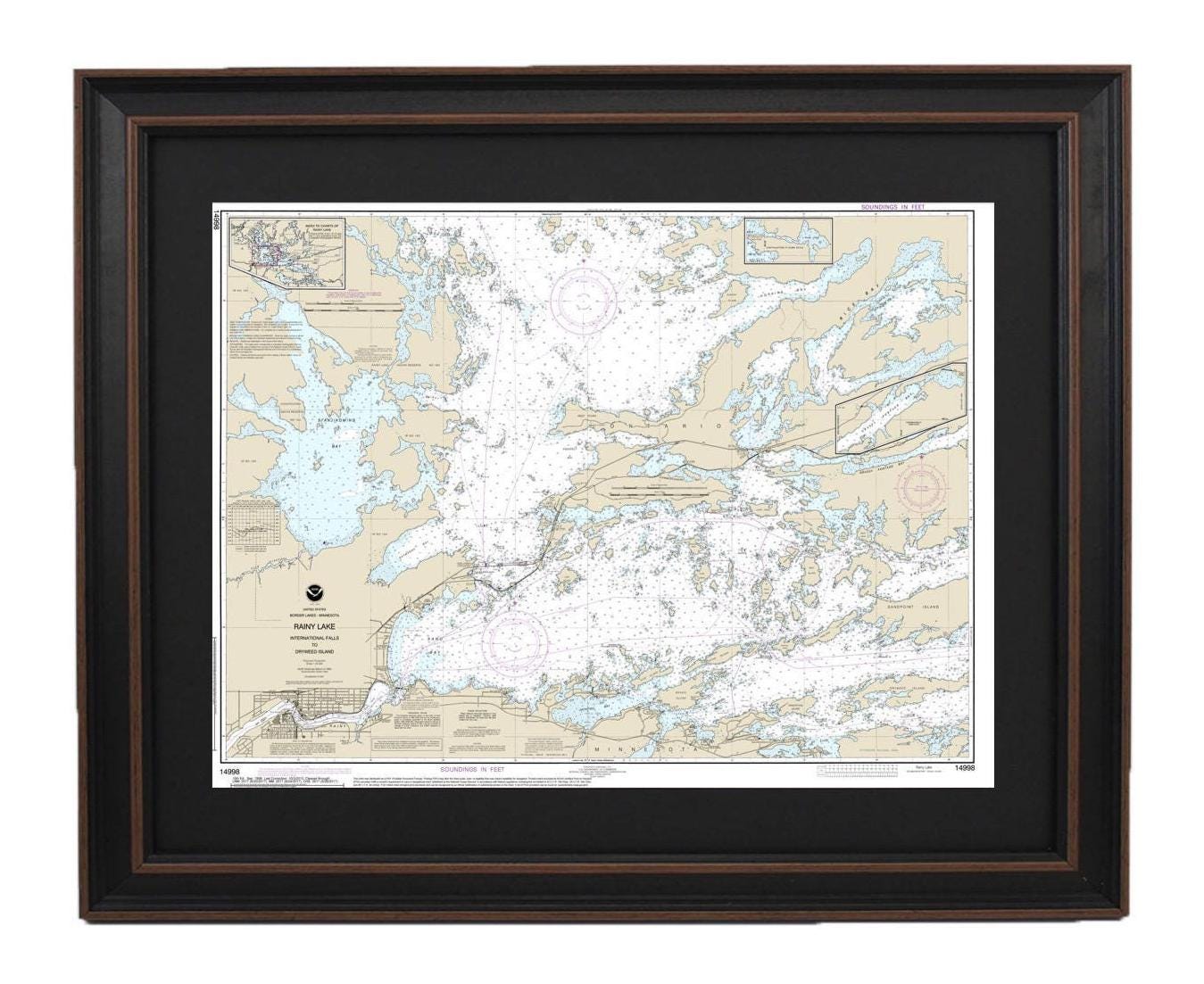 Framed Nautical Chart 14998 - Rainy Lake, Minnesota NOAA 14998. Handmade in the USA.