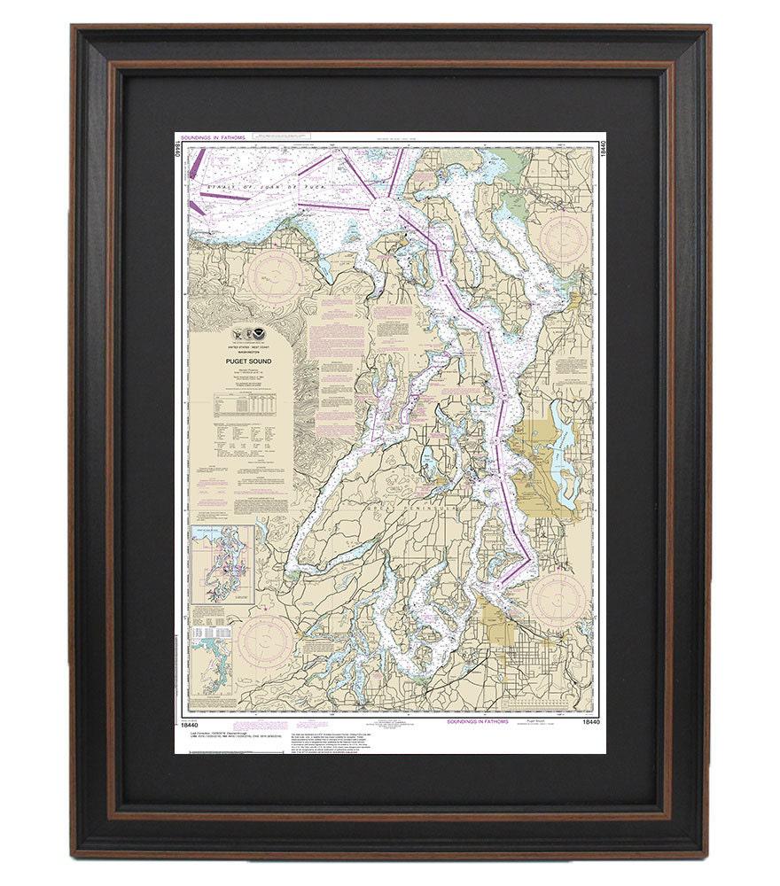Framed Nautical Chart 18440 - Puget Sound. NOAA 18440. Handmade in the USA.