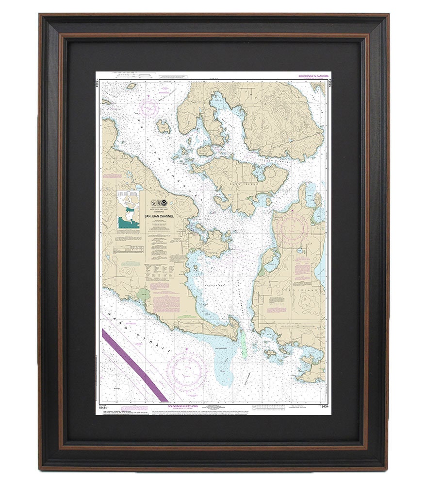 Framed Nautical Chart 18434 - San Juan Channel. NOAA 18434. Handmade in the USA.