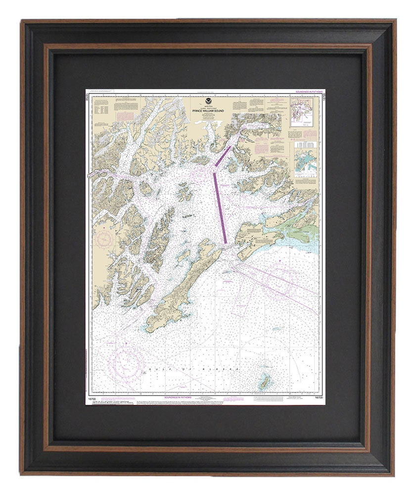 Framed Nautical Chart 16700 - Prince William Sound. NOAA 16700. Handmade in the USA.