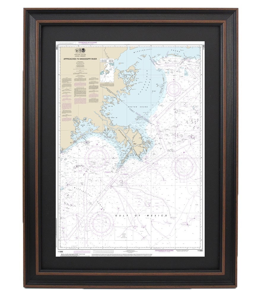 Framed Nautical Chart 11366 - Approaches to Mississippi River. NOAA 11366. Handmade in the USA.