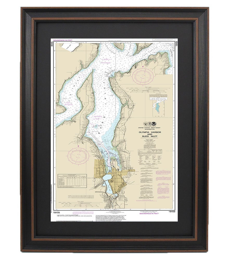 Framed Nautical Chart 18456 - Olympia Harbor and Budd Inlet. NOAA 18456. Handmade in the USA.