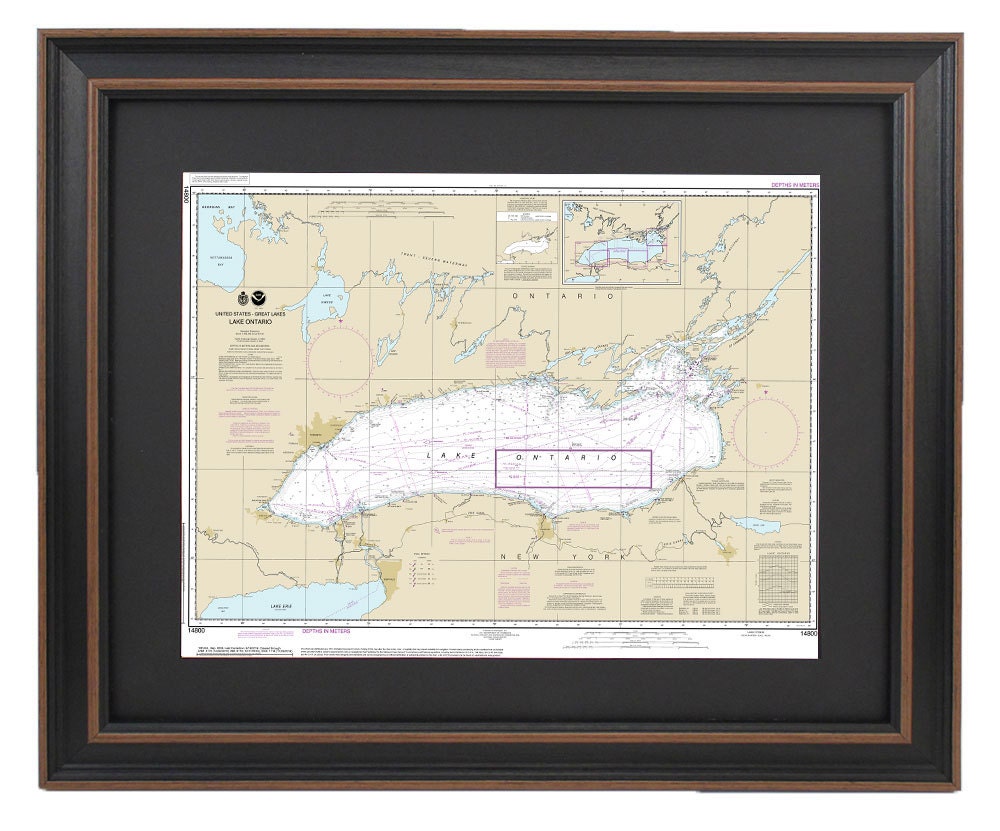 Framed Nautical Chart 14800 - Lake Ontario. NOAA 14800. Handmade in the USA.