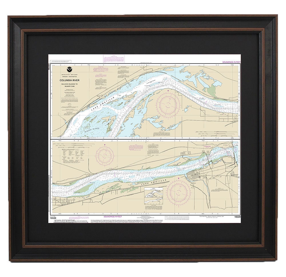 Framed Nautical Chart 18539 - Columbia River. Blalock Islands to McNary Dam. NOAA 18539. Handmade in the USA.