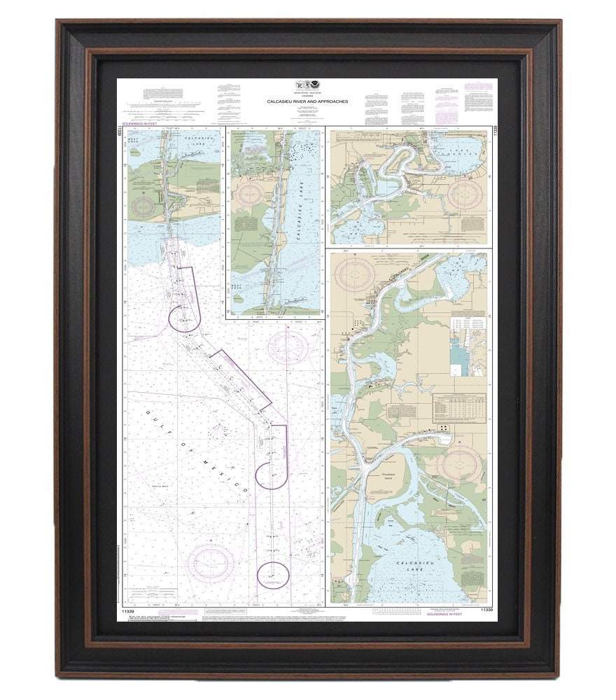 Framed Nautical Chart 11339 - Calcasieu River and Approaches. NOAA 11339. Handmade in the USA.