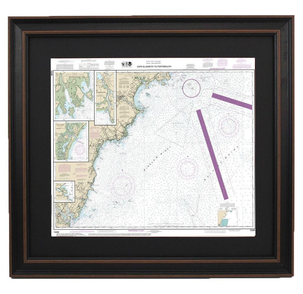 Framed Nautical Chart 13286 - Cape Elizabeth to Portsmouth. NOAA 13286. Handmade in the USA.
