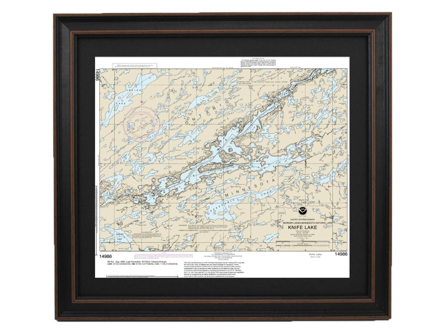 Framed Nautical Chart 14986 - Knife Lake, Minnesota. NOAA 14986. Handmade in the USA.