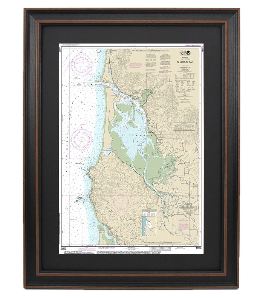 Framed Nautical Chart 18558 - Tillamook Bay. NOAA 18558. Handmade in the USA.