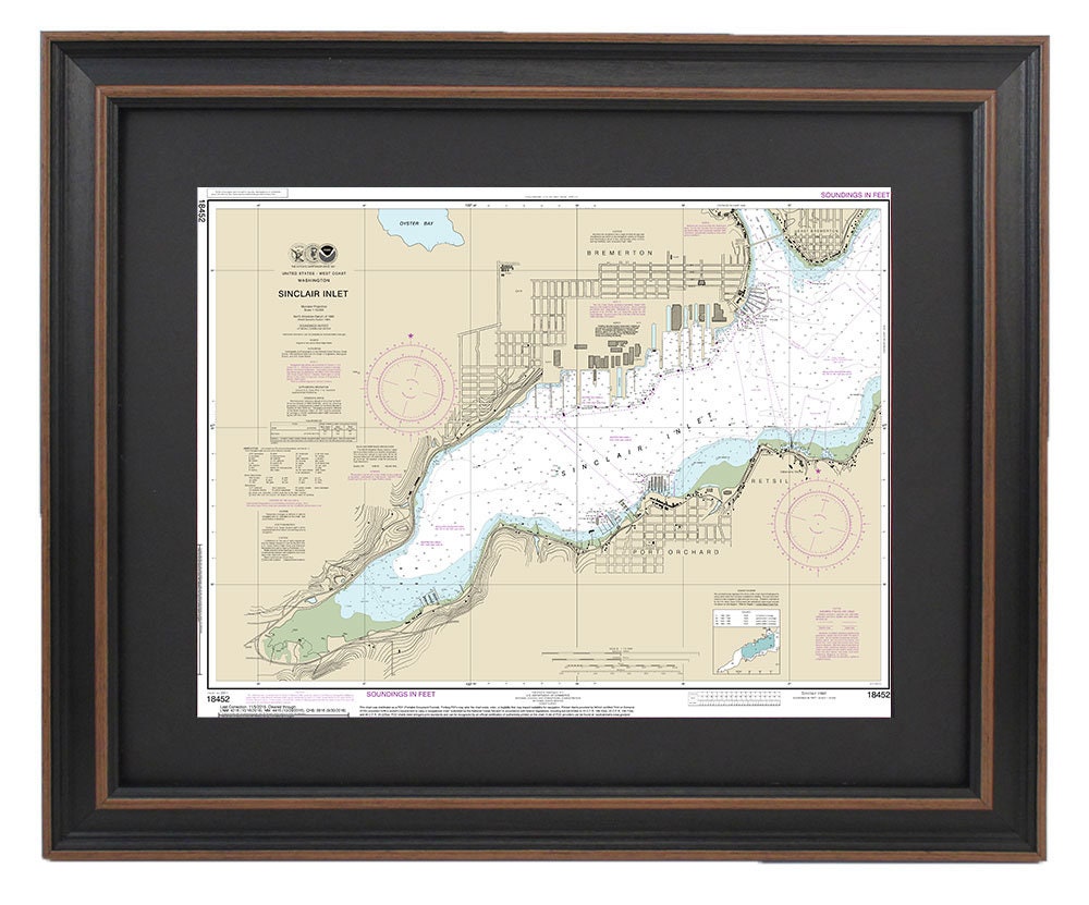 Framed Nautical Chart 18452 - Sinclair Inlet. NOAA 18452. Handmade in the USA.