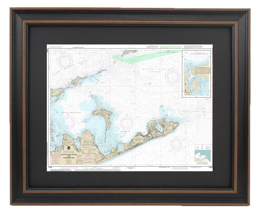 Framed Nautical Chart 13209 - Block Island Sound to Gardiner Bay. NOAA 13209. Handmade in the USA.