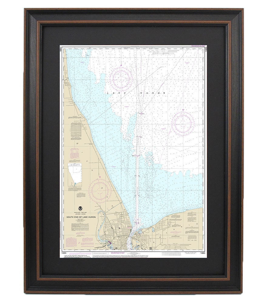 Framed Nautical Chart 14865 - South End of Lake Huron. NOAA 14865. Handmade in the USA.