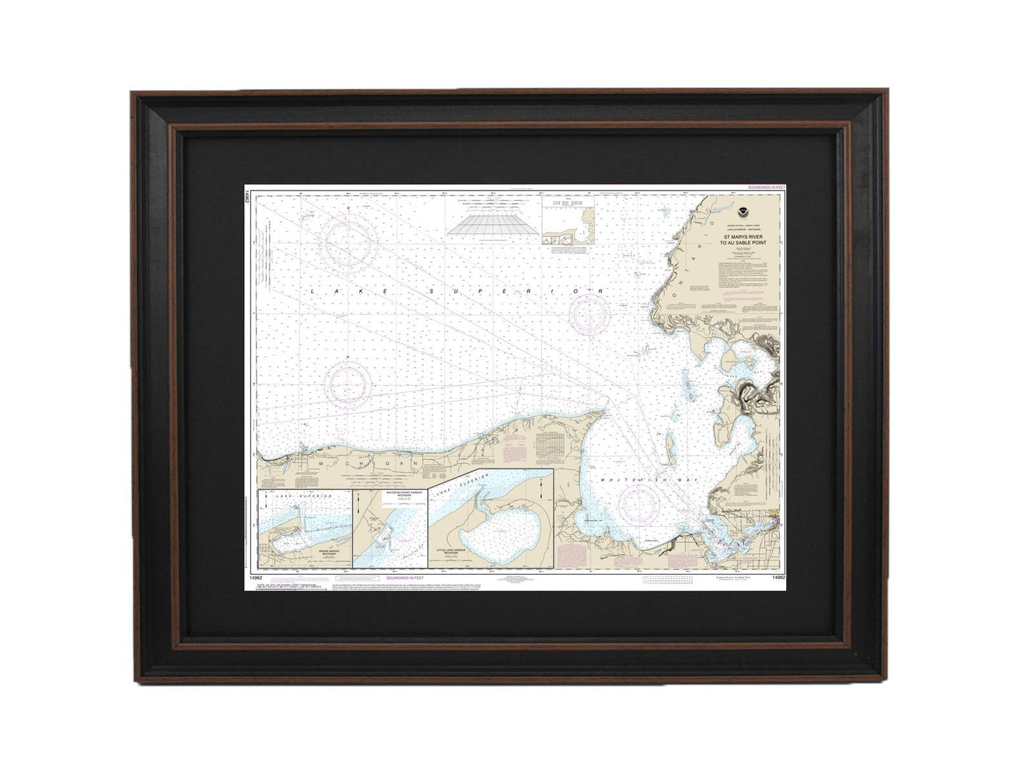Framed Nautical Chart 14962 - St. Marys River to Au Sable Point, Lake Superior. NOAA 14962. Handmade in the USA.