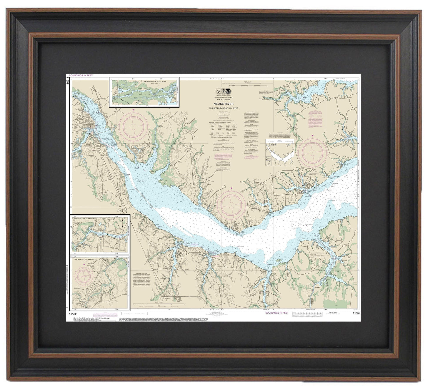 Framed Nautical Chart 11552 - Neuse River and Upper Part of Bay River. NOAA 11552. Handmade in the USA.