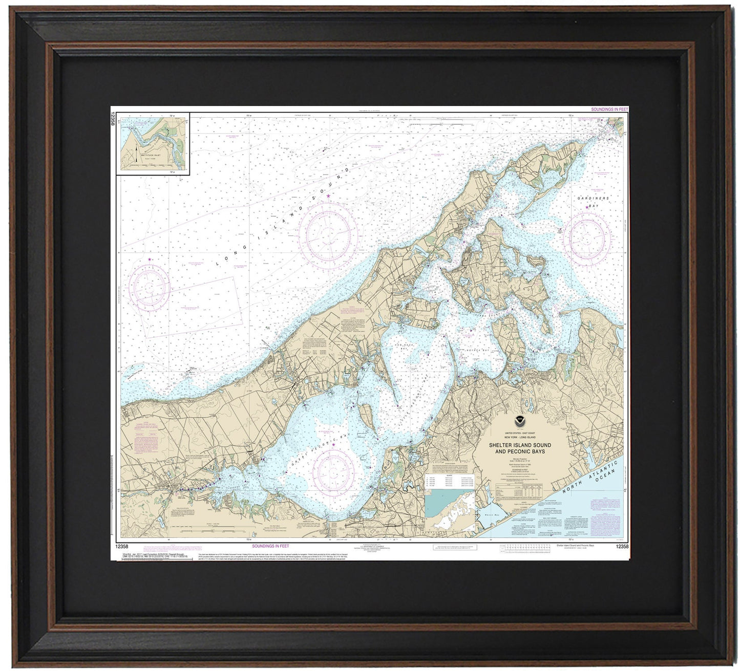 Framed Nautical Chart 12358 - Long Island, NY. Shelter Island Sound and Peconic Bays. NOAA 12358. Handmade in the USA.