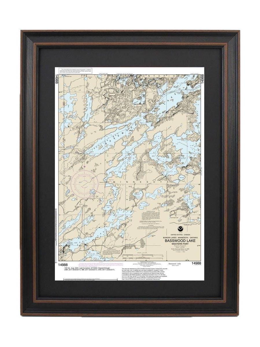 Framed Nautical Chart 14988 - Basswood Lake, Western Part, Minnesota. NOAA 14988. Handmade in the USA.