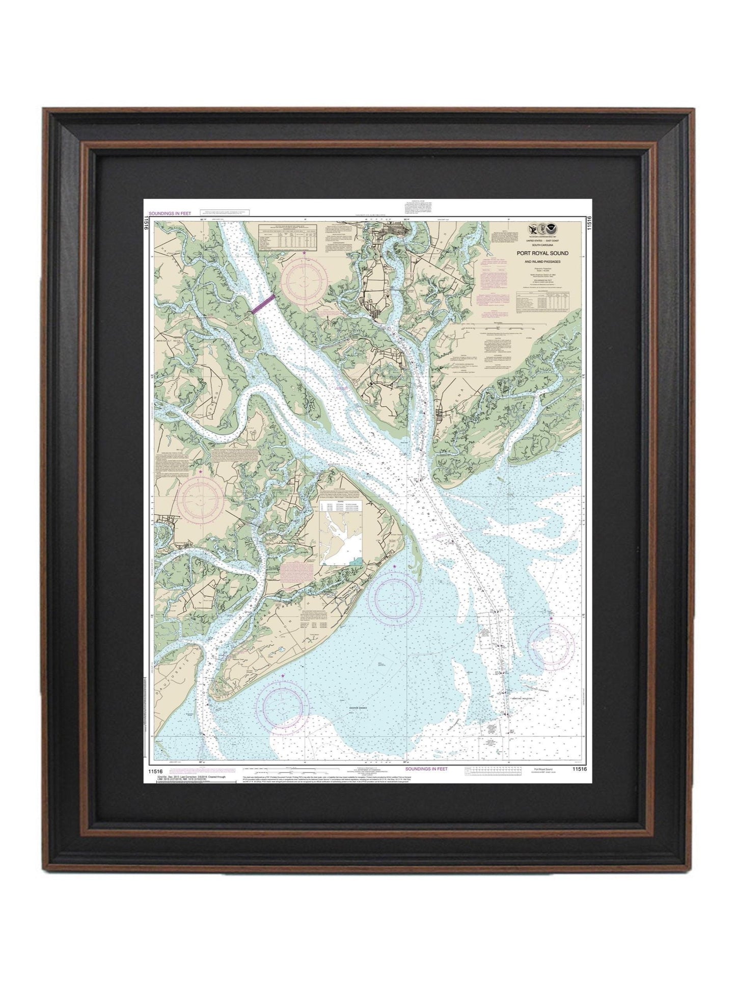 Framed Nautical Chart 11516 - Hilton Head Island & Port Royal Sound. NOAA 11516. Handmade in the USA.