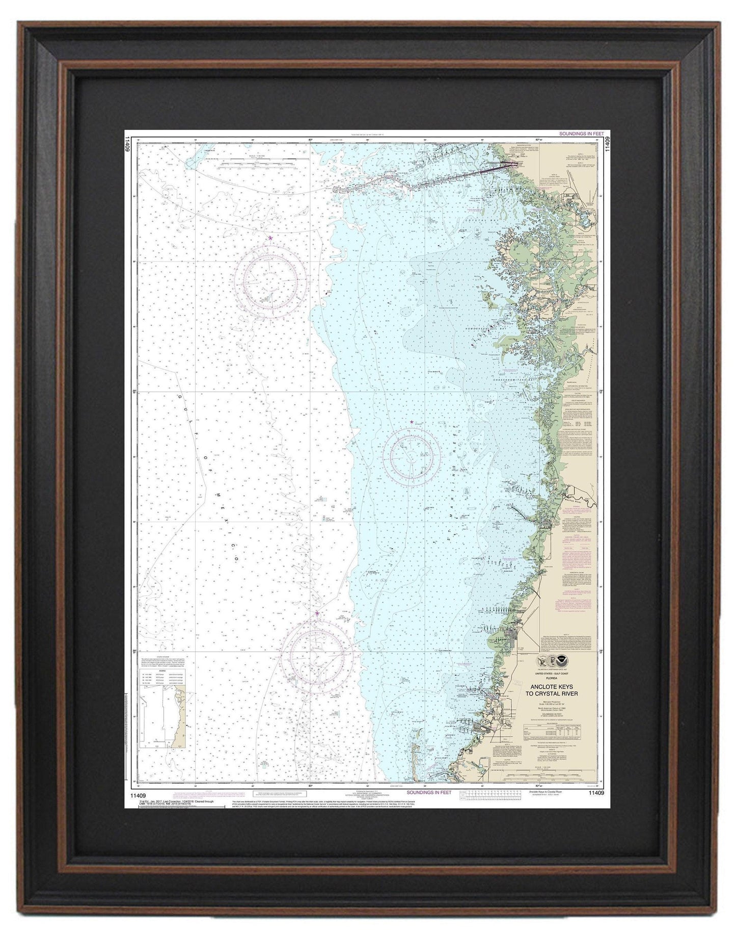Framed Nautical Chart 11409 - Anclote Keys to Crystal River. NOAA 11409. Handmade in the USA.