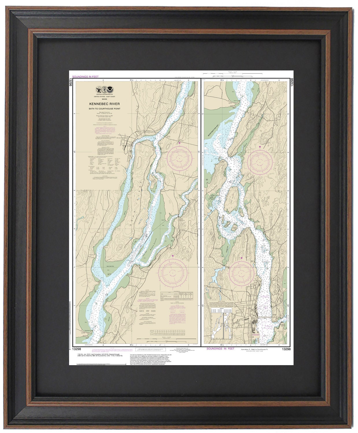 Framed Nautical Chart 13298 - Kennebec River, Maine (Bath to Courthouse Point). NOAA 13298. Handmade in the USA.