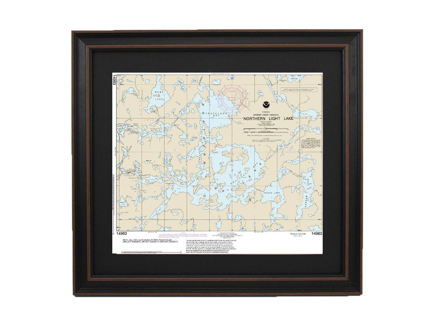 Framed Nautical Chart 14983 - Northern Light Lake, Ontario. NOAA 14983. Handmade in the USA.