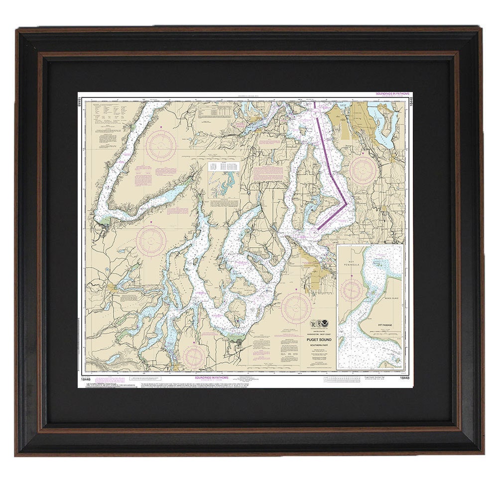 Framed Nautical Chart 18448 - Southern Puget Sound, NOAA 18448. Handmade in the USA.