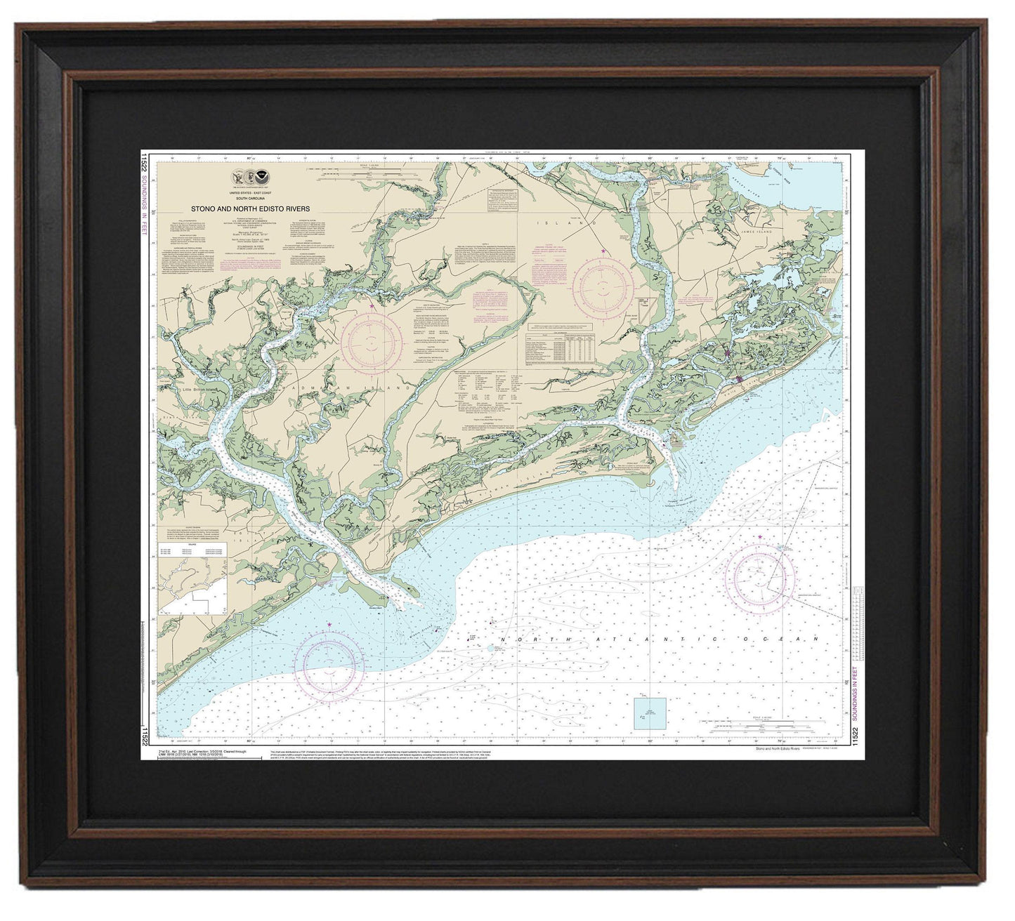 Framed Nautical Chart 11522 - Stono and North Edisto Rivers. NOAA 11552. Handmade in the USA.