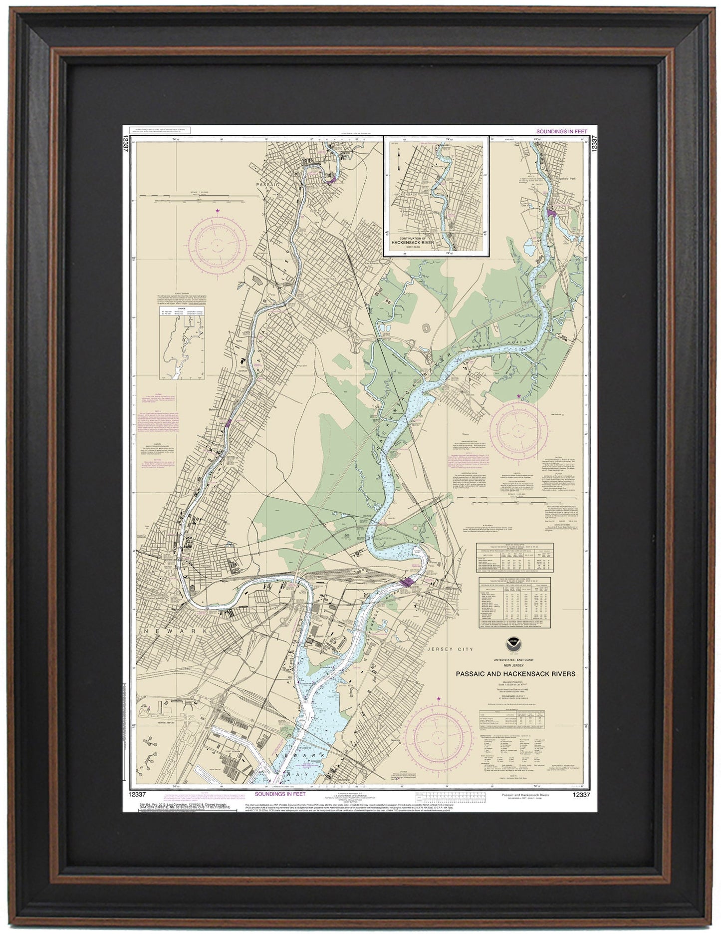 Framed Nautical Chart 12337 - Passaic and Hackensack Rivers. Newark Bay, NJ. NOAA 12337. Handmade in the USA.