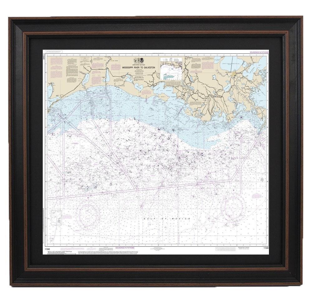 Framed Nautical Chart 11340 - Mississippi River to Galveston. NOAA 11340. Handmade in the USA.