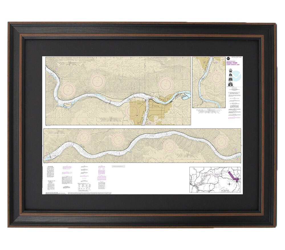 Framed Nautical Chart 18548 - Snake River. Lower Granite Lake, Franklin D. Roosevelt Lake. NOAA 18548. Handmade in the USA.