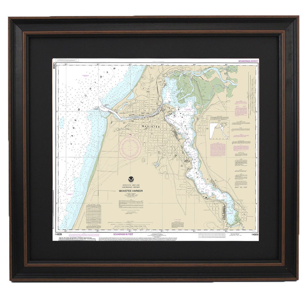Framed Nautical Chart 14938 - Manistee Harbor and Manistee Lake. NOAA 14938. Handmade in the USA.