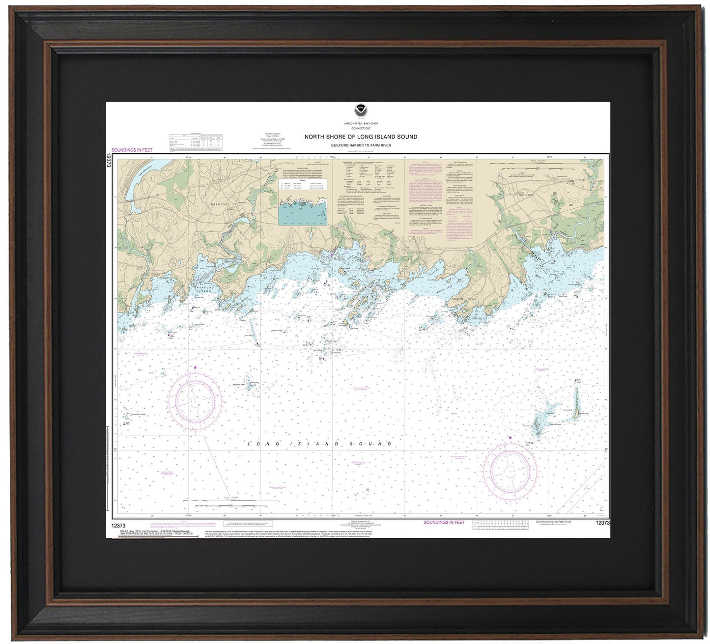 Framed Nautical Chart 12373 - North Shore of Long Island Sound. Guilford Harbor to Farm Harbor. NOAA 12373. Handmade in the USA.