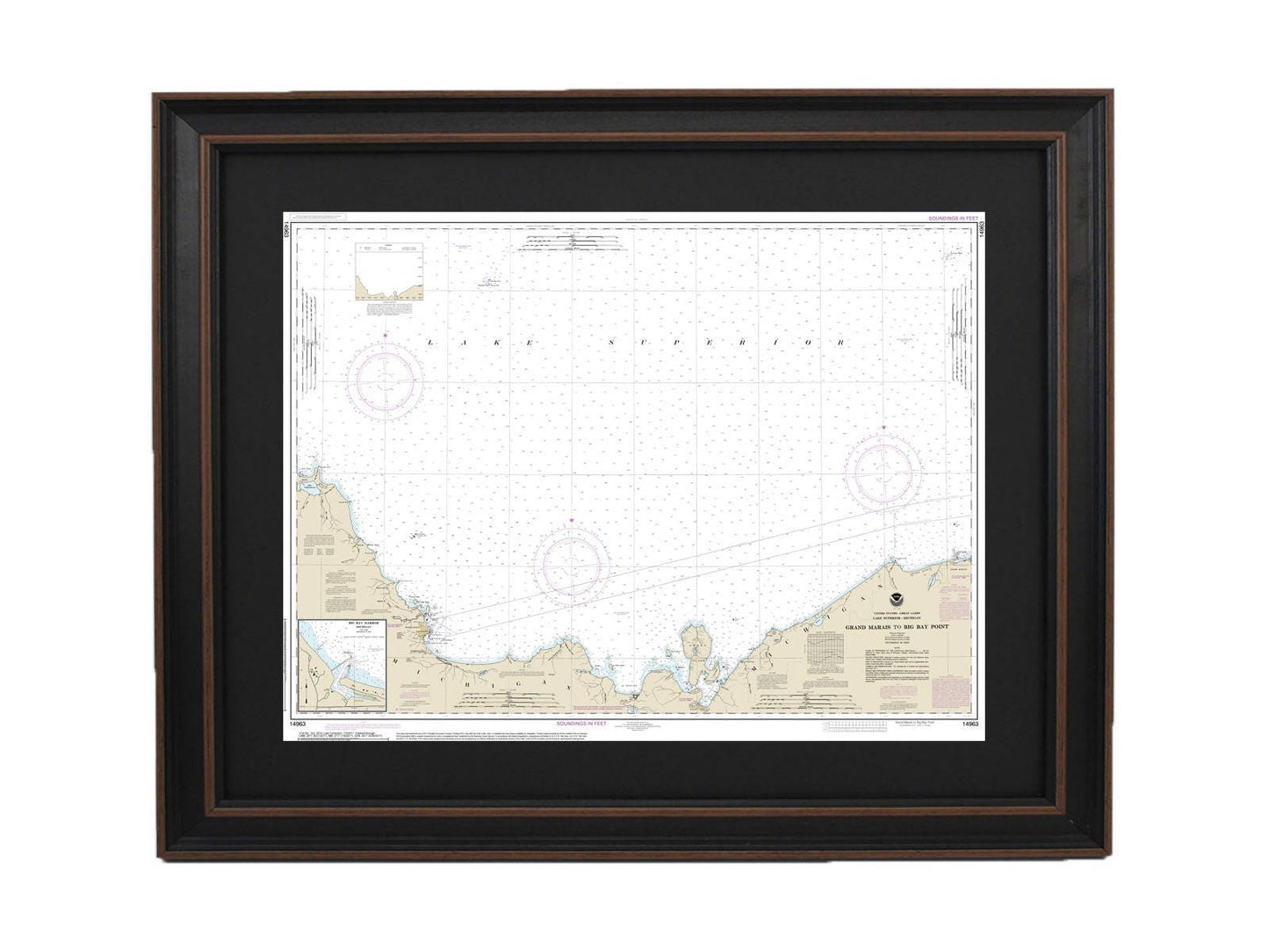 Framed Nautical Chart 14963 - Grand Marais to Big Bay Point, Lake Superior. NOAA 14963. Handmade in the USA.