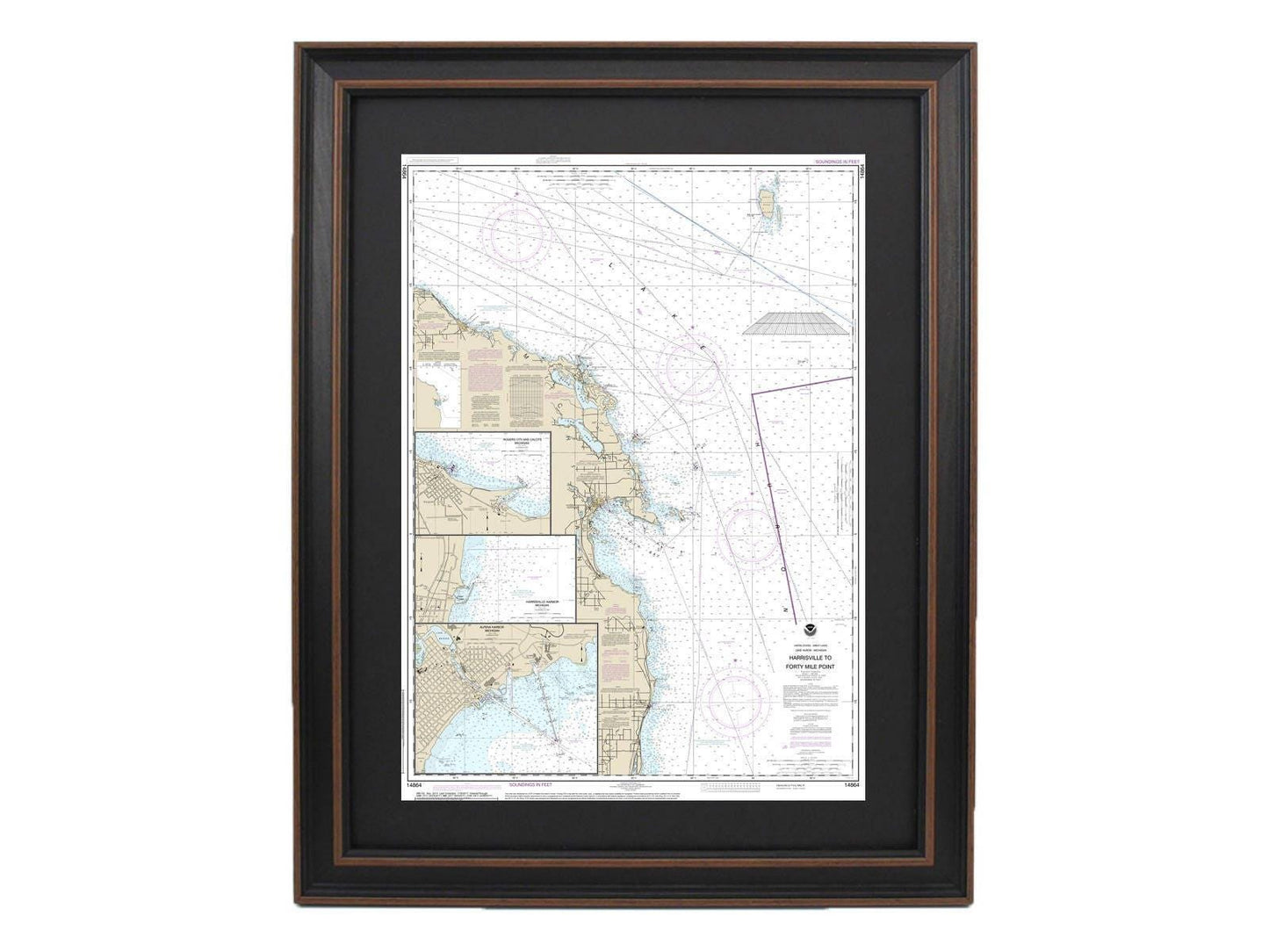 Framed Nautical Chart 14864 - Lake Huron, Harrisville to Forty Mile Point. NOAA 14864. Handmade in the USA.