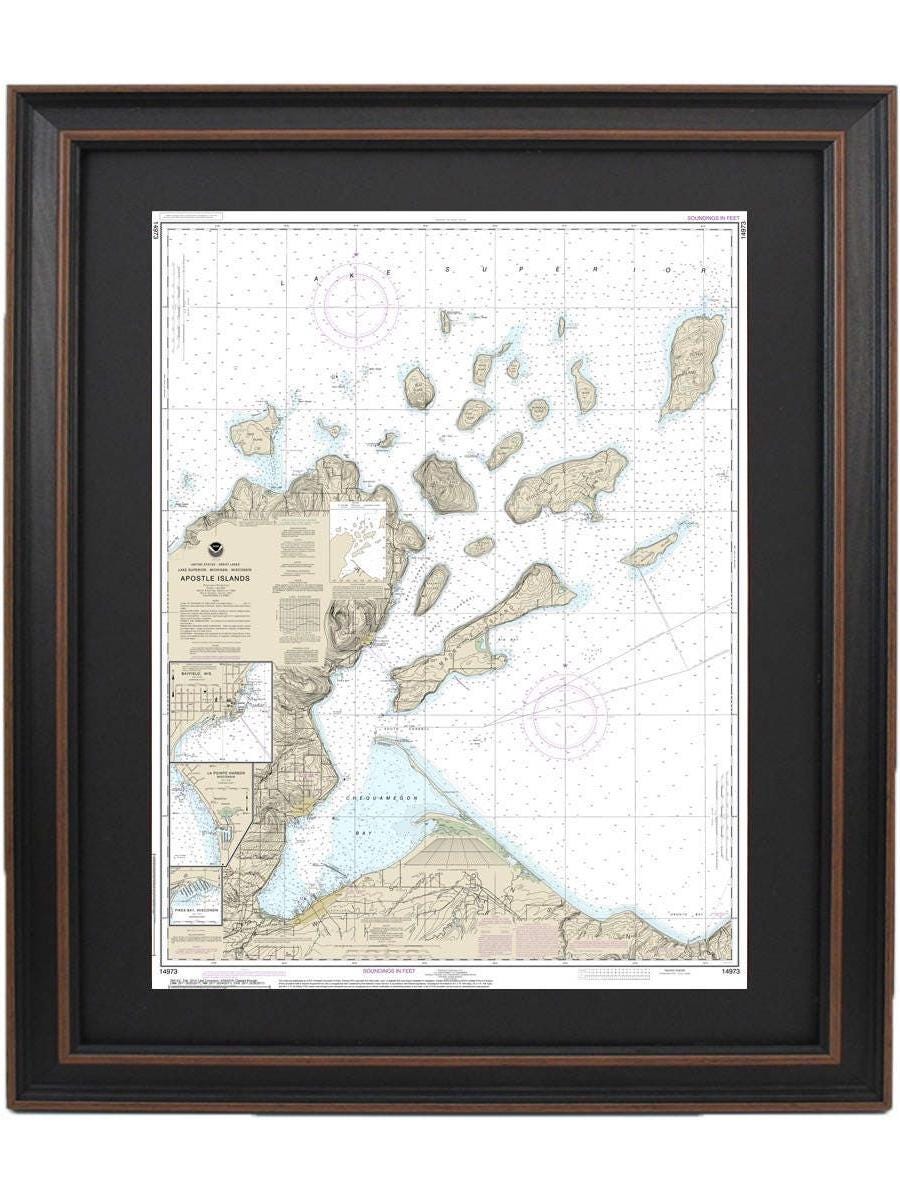 Framed Nautical Chart 14973 - Apostle Islands, Lake Superior NOAA 14973. Handmade in the USA.