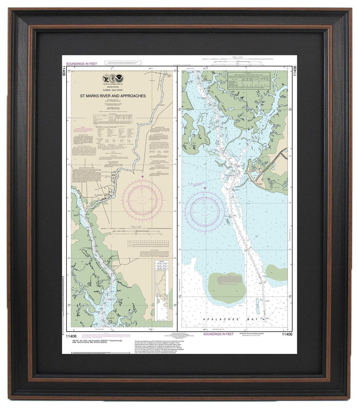 Framed Nautical Chart 11406 - St. Marks River and Approaches. NOAA 11406. Handmade in the USA.