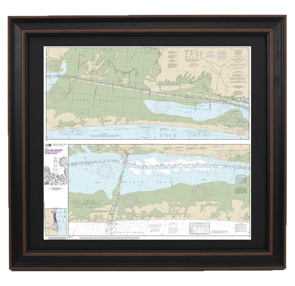 Framed Nautical Chart 11306 - Laguna Madre Middle Ground to Chubby Island. NOAA 11306. Handmade in the USA.