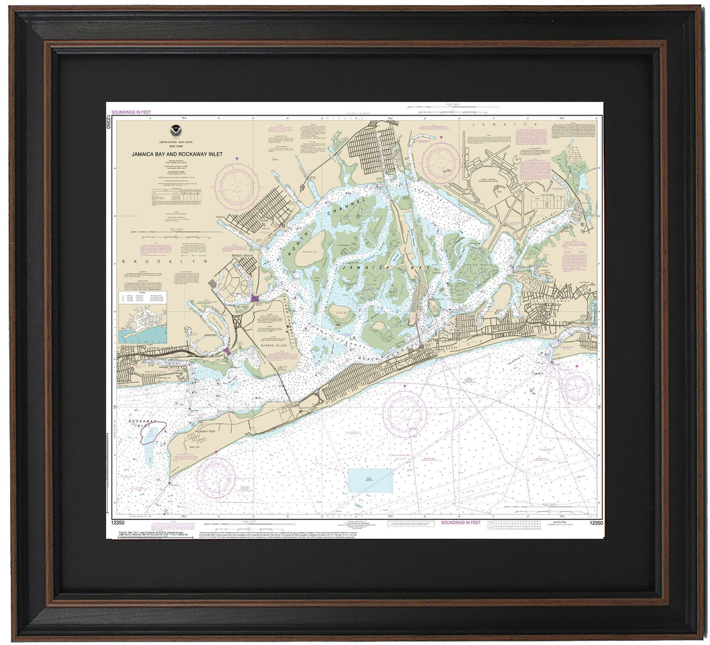 Framed Nautical Chart 12350 - Jamaica Bay to Rockaway Inlet, NY 12350 Handmade in the USA.