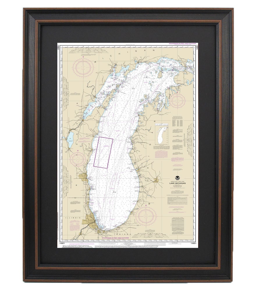 Framed Nautical Chart 14901 - Lake Michigan. NOAA 14901. Handmade in the USA.
