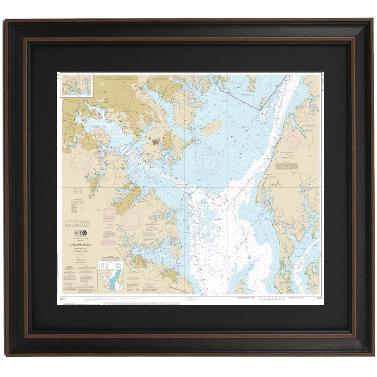 Framed Nautical Chart 12278 - Chesapeake Bay Approaches to Baltimore Harbor, NOAA 12278. Handmade in the USA.