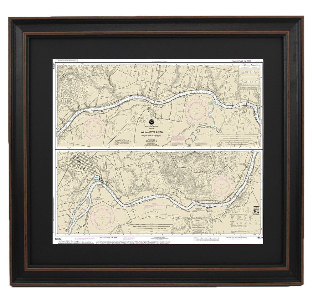 Framed Nautical Chart 18529 - Willamette River. Walnut Eddy To Newburg. NOAA 18529. Handmade in the USA.