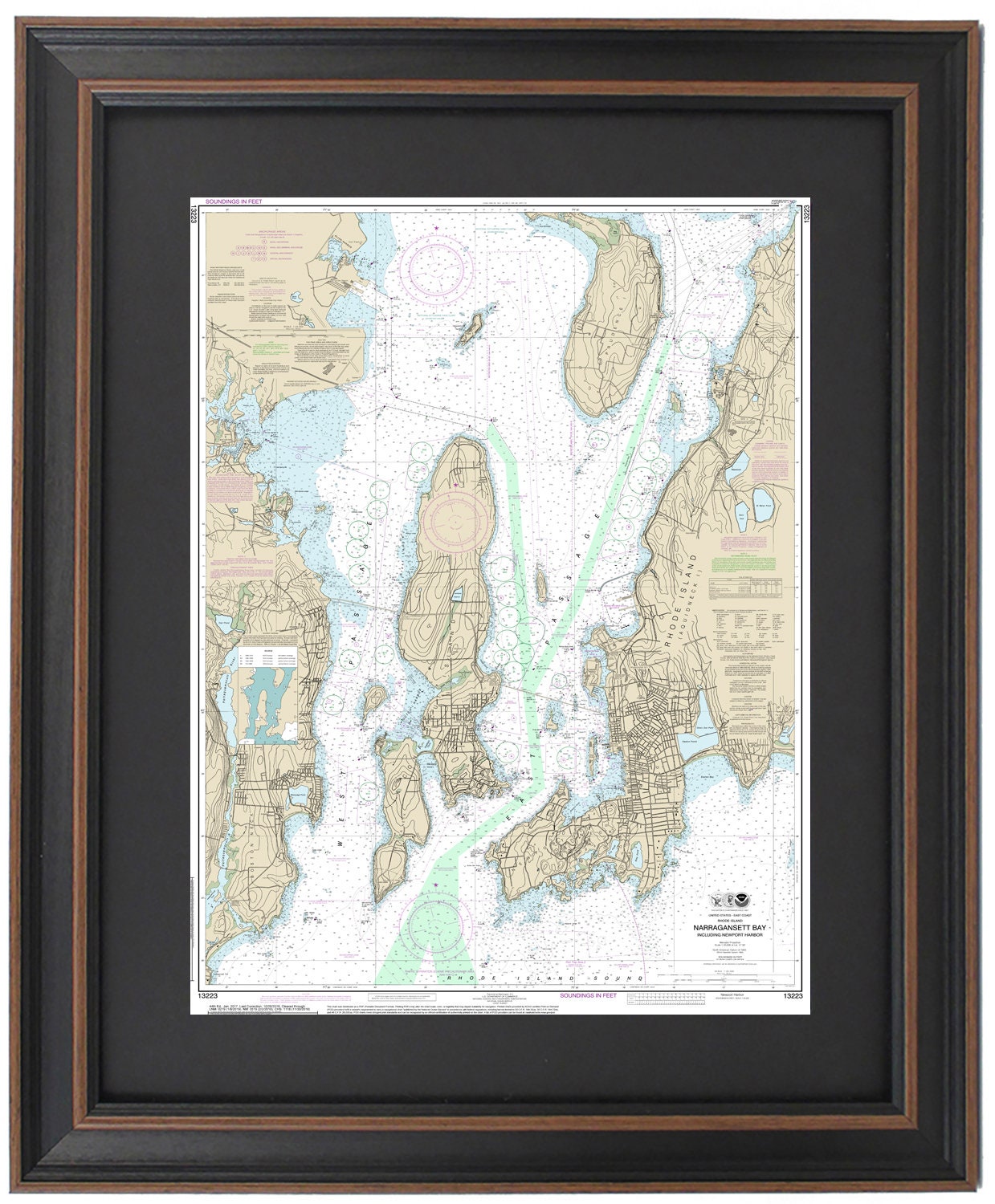 Framed Nautical Chart 13223 - Narragansett Bay (Including Newport Harbor). NOAA 13223. Handmade in the USA.