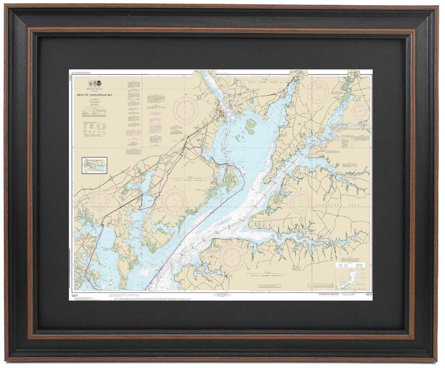 Framed Nautical Chart 12274 - Head of Chesapeake Bay . NOAA 12274. Handmade in the USA.