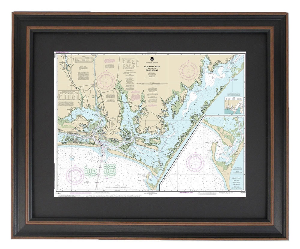 Framed Nautical Chart 11545 - Outer Banks, Beaufort Inlet & Core Sound, NOAA 11545. Handmade in the USA.