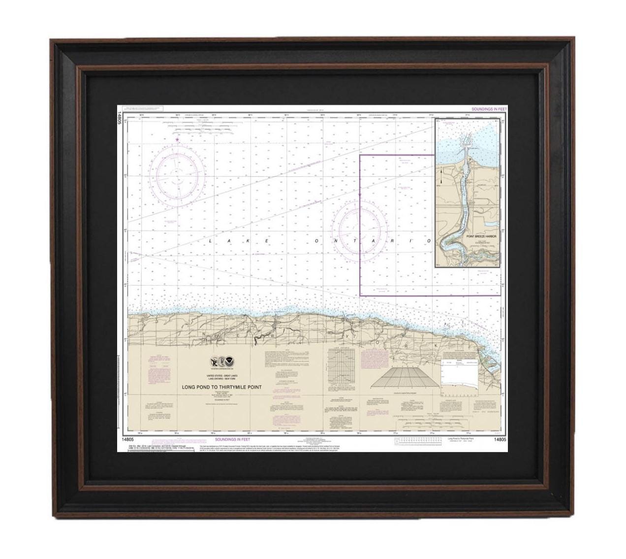 Framed Nautical Chart 14805 - Lake Ontario, Long Pond to Thirtymile Point. NOAA 14805. Handmade in the USA.