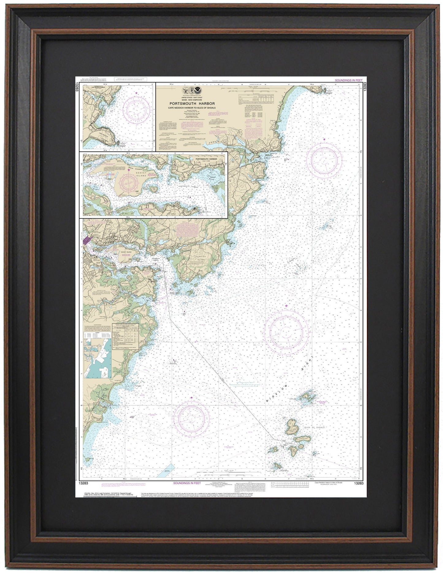 Framed Nautical Chart 13283 - Portsmouth Harbor. NOAA 13283. Handmade in the USA.
