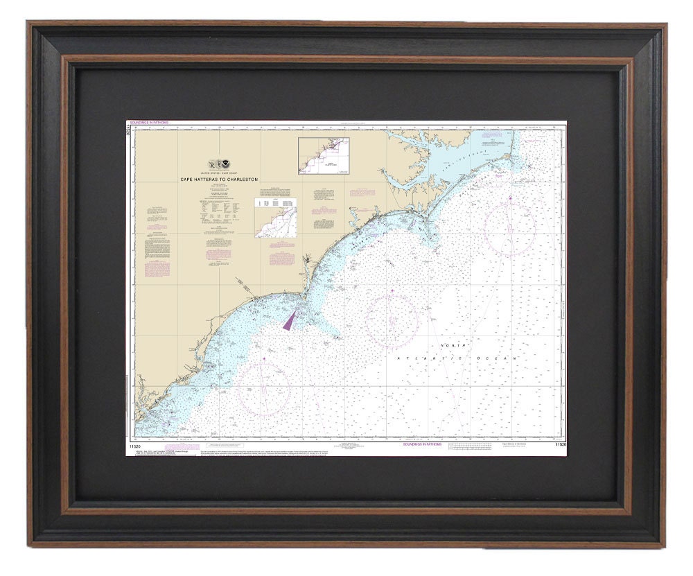Framed Nautical Chart 11520- Cape Hatteras to Charleston. NOAA 11520. Handmade in the USA.