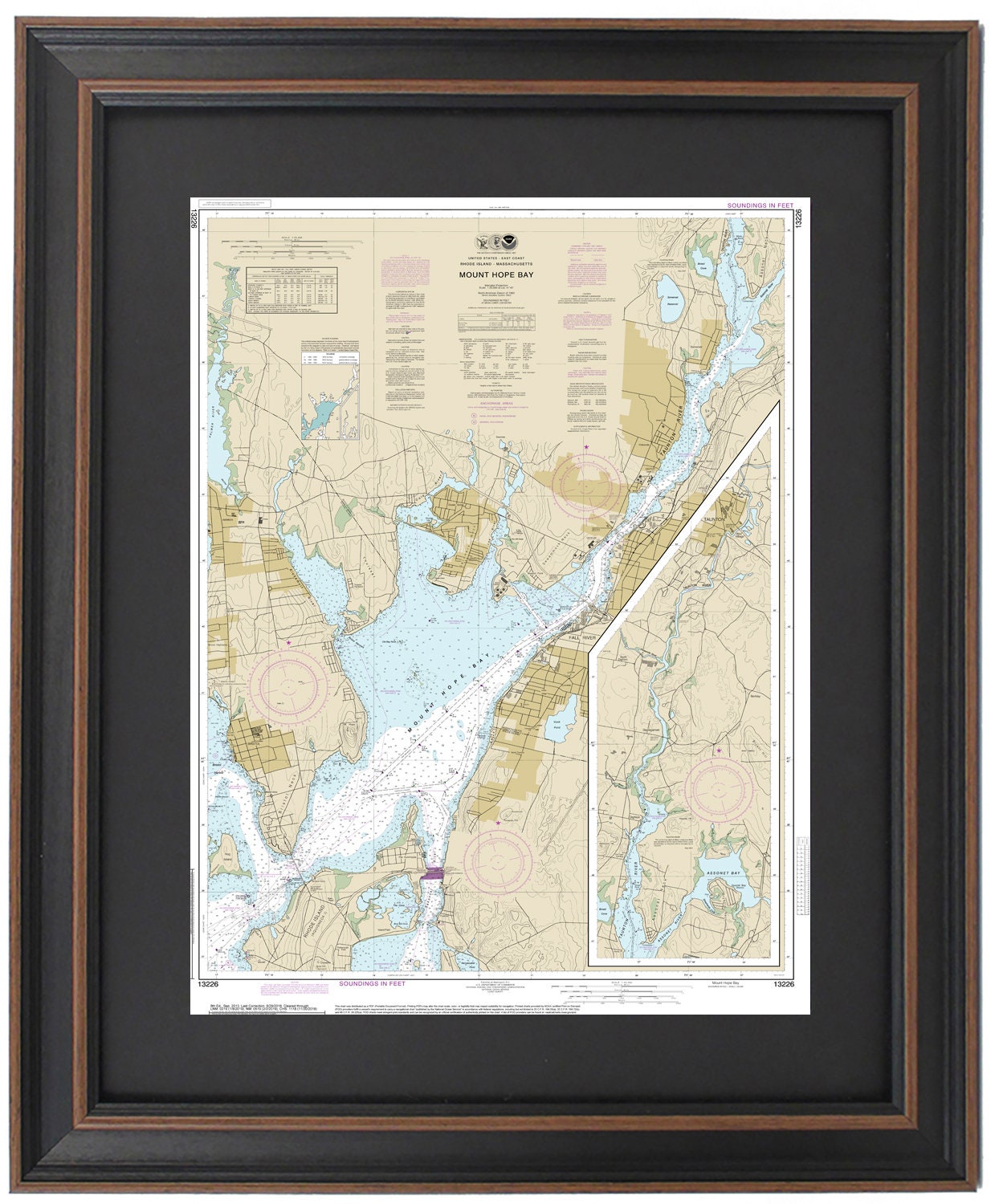 Framed Nautical Chart 13226 - Mount Hope Bay. NOAA 13226. Handmade in the USA.