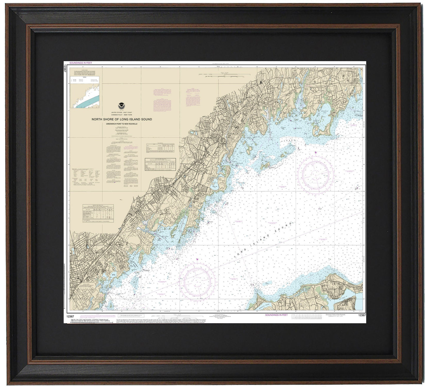 Framed Nautical Chart 12367 - North Shore of Long Island Sound. Greenwich Point to New Rochelle. NOAA 12367. Handmade in the USA.