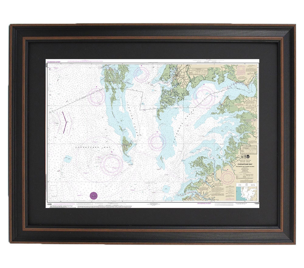 Framed Nautical Chart 12228 - Chesapeake Bay, Pocomoke and Tangier Sounds, NOAA 12228. Handmade in the USA.