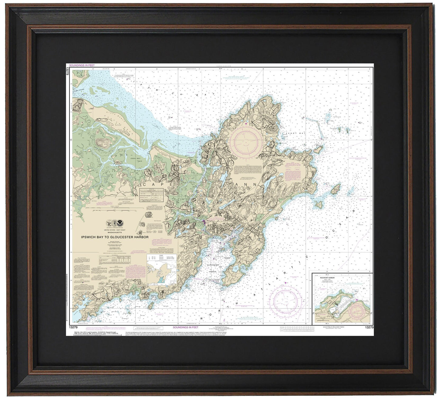 Framed Nautical Chart 13279 - Ipswich Bay to Gloucester Harbor. NOAA 13279. Handmade in the USA.
